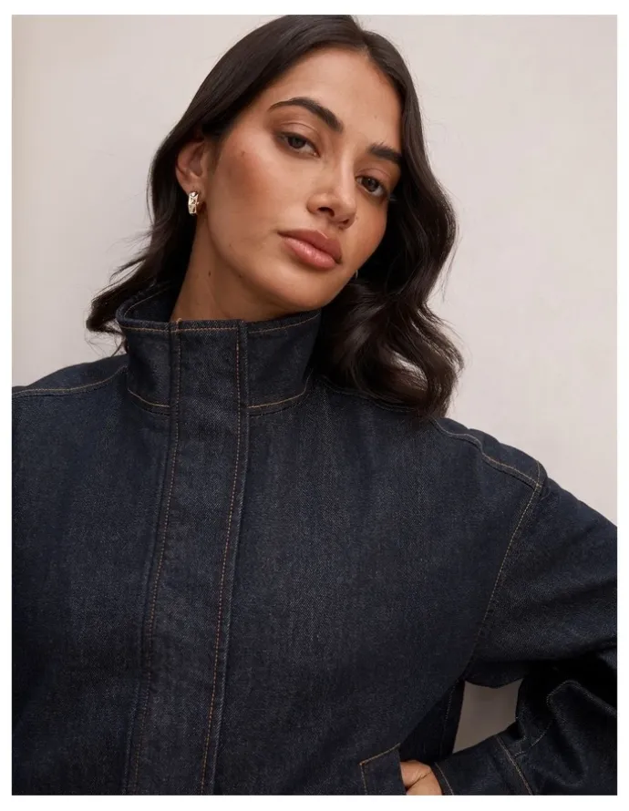 Forever New Lola Funnel Neck Denim Jacket in Blue