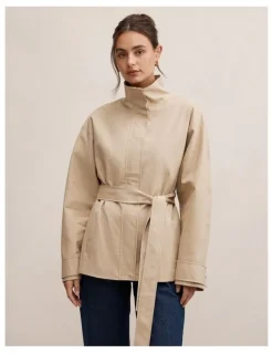 Forever New Nina Belted Funnel Neck Jacket in Beige