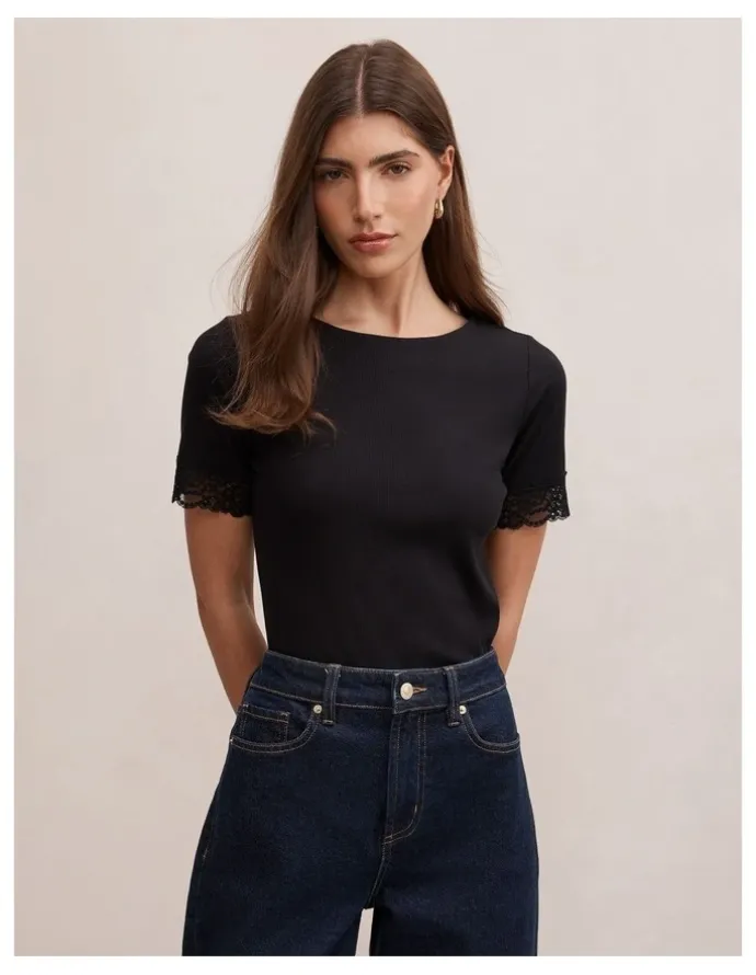 Forever New Nina Lace Trim T-shirt in Black