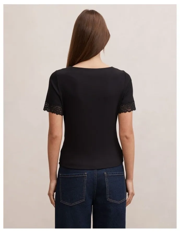 Forever New Nina Lace Trim T-shirt in Black