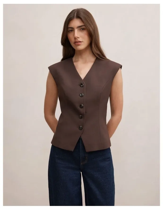 Forever New Orla Sleeveless Blazer in Chocolate