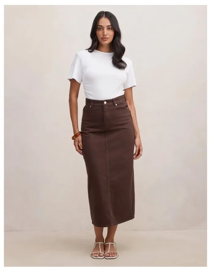 Forever New Paloma Denim Maxi Skirt in Brown