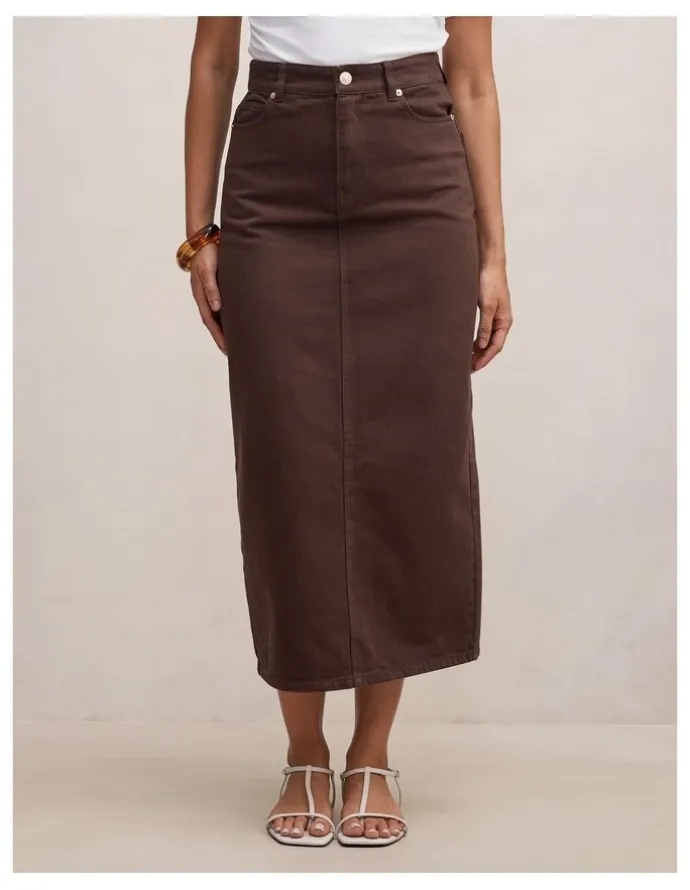Forever New Paloma Denim Maxi Skirt in Brown