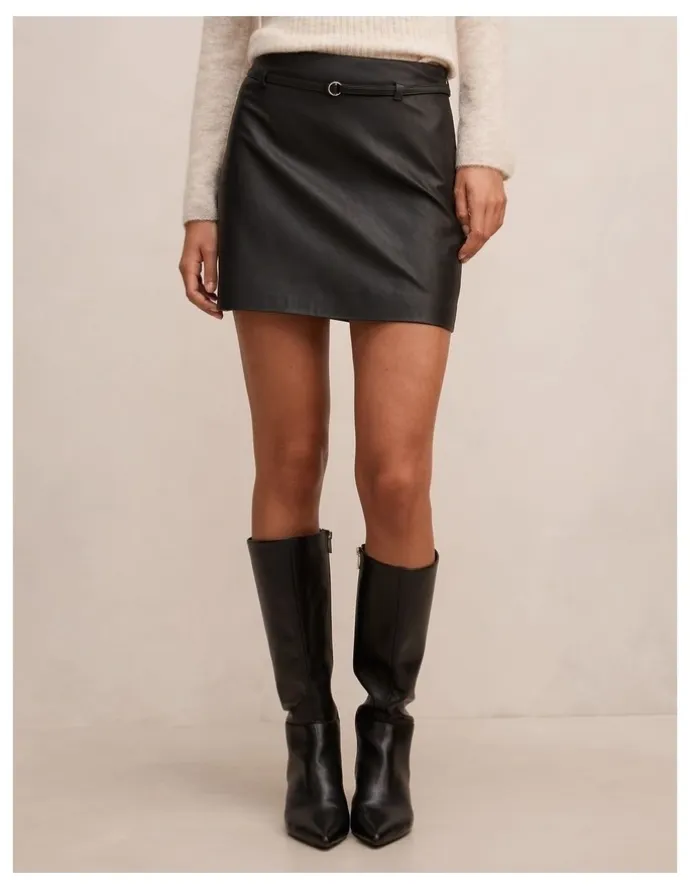 Forever New Paula Belted Vegan Leather Mini Skirt in Black