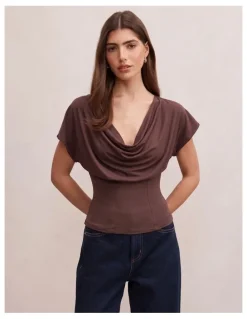 Forever New Phoebe Draped Cowl Neck Top in Brown