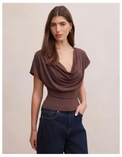 Forever New Phoebe Draped Cowl Neck Top in Brown
