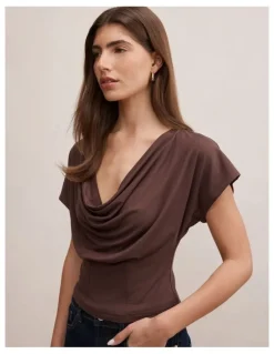 Forever New Phoebe Draped Cowl Neck Top in Brown