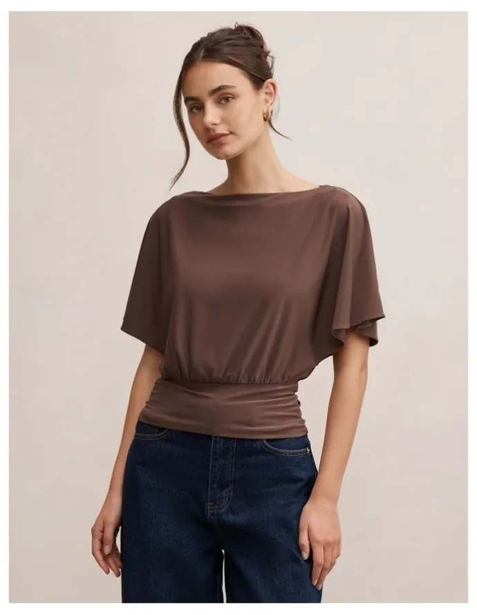 Forever New Piper Cinched Flutter Sleeves Top in Brown