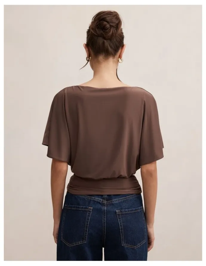 Forever New Piper Cinched Flutter Sleeves Top in Brown