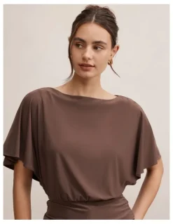 Forever New Piper Cinched Flutter Sleeves Top in Brown