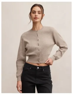 Forever New Poppy Crew Neck Cardigan in Brown