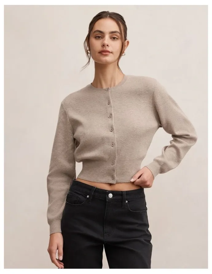 Forever New Poppy Crew Neck Cardigan in Brown