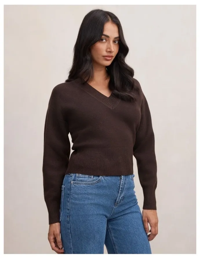 Forever New Raya V-Neck Sweater in Brown