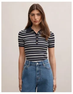 Forever New Sasha Striped Knitted Polo T-shirt in Navy