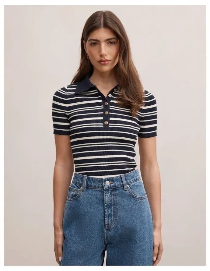 Forever New Sasha Striped Knitted Polo T-shirt in Navy