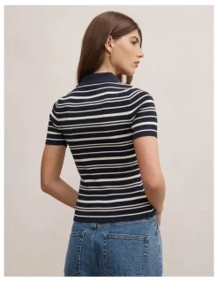 Forever New Sasha Striped Knitted Polo T-shirt in Navy