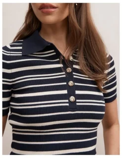 Forever New Sasha Striped Knitted Polo T-shirt in Navy