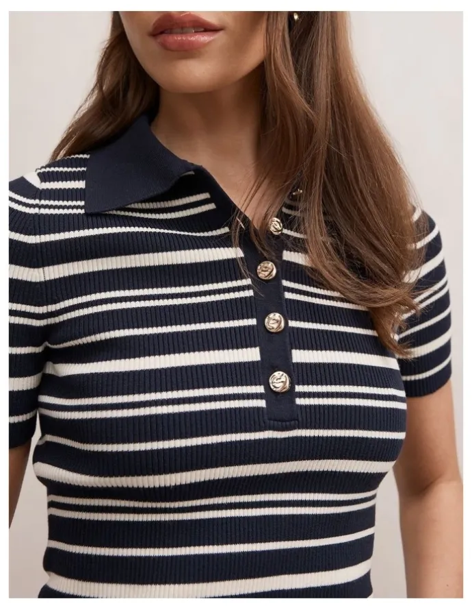 Forever New Sasha Striped Knitted Polo T-shirt in Navy