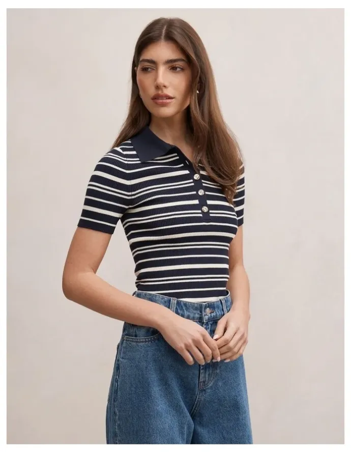 Forever New Sasha Striped Knitted Polo T-shirt in Navy
