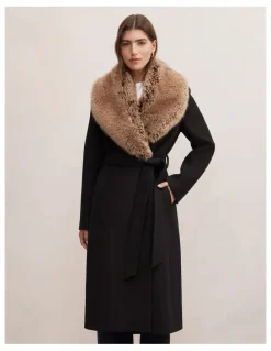 Forever New Shelby Fur Collar Coat in Black and Camel