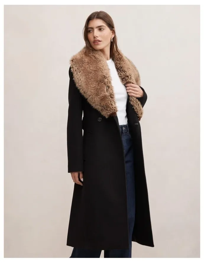 Forever New Shelby Fur Collar Coat in Black and Camel