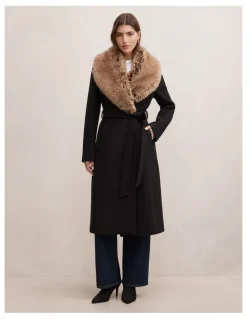 Forever New Shelby Fur Collar Coat in Black and Camel