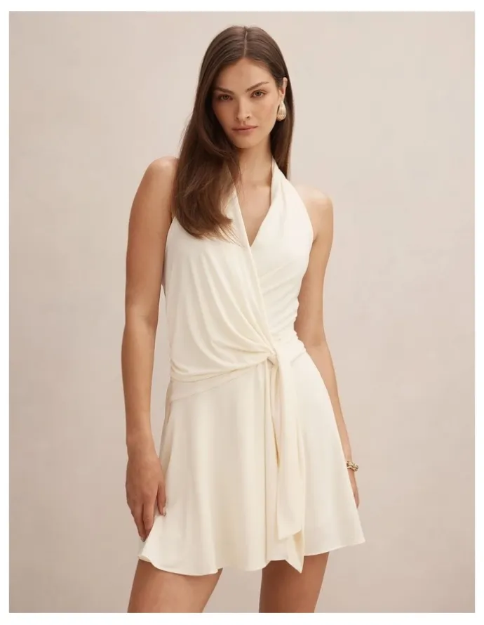 Forever New Aaliyah Wrap Halter Neck Mini Dress in Cream