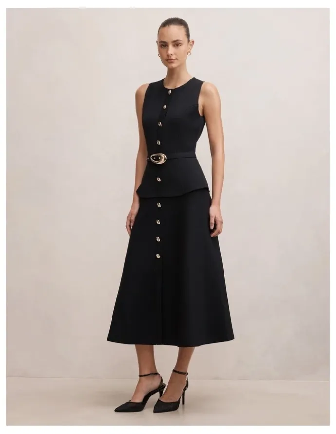 Forever New Amelia Layered A-Line Midi Dress in Black