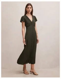Forever New Ardelia Flutter Sleeves Midi Dress in Green