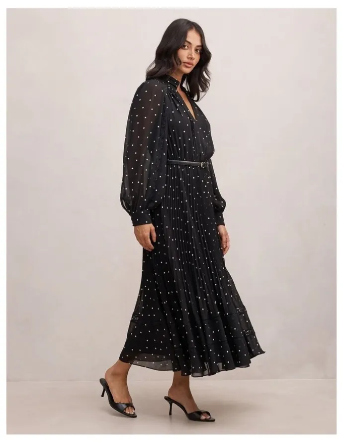 Forever New Clara Pleated Lace Trim Midi Dress in Multi