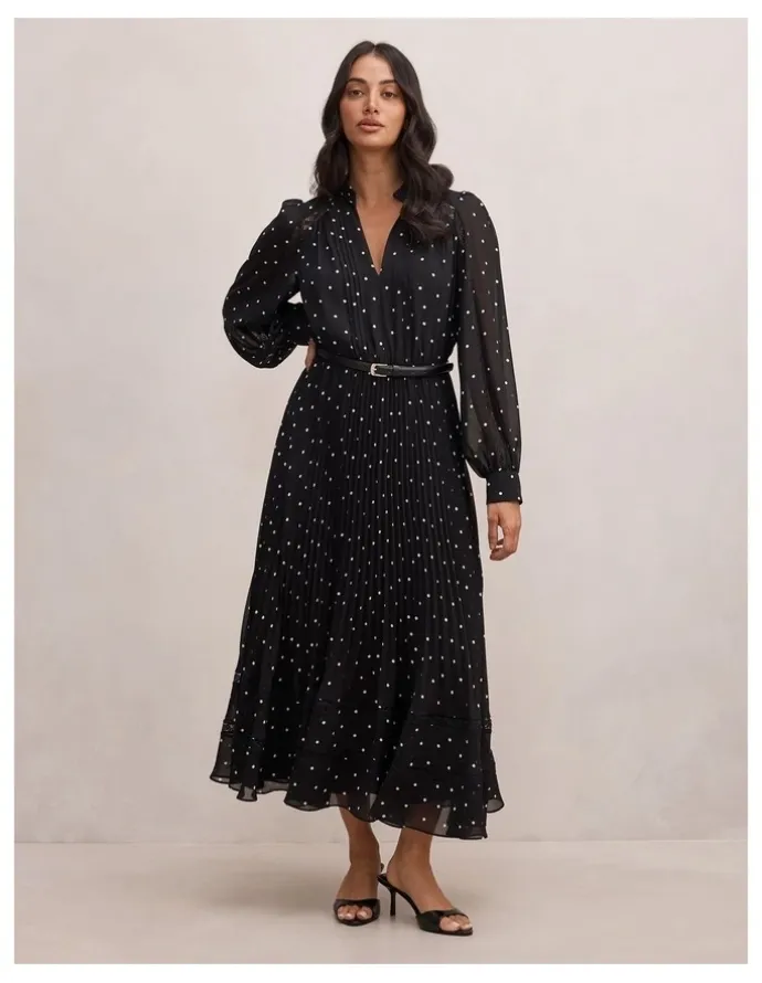 Forever New Clara Pleated Lace Trim Midi Dress in Multi