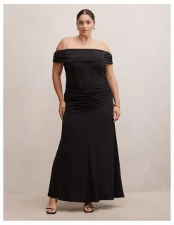 Forever New Curve Ania Ruched Bardot Maxi Dress in Black