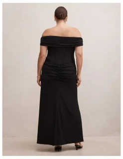 Forever New Curve Ania Ruched Bardot Maxi Dress in Black