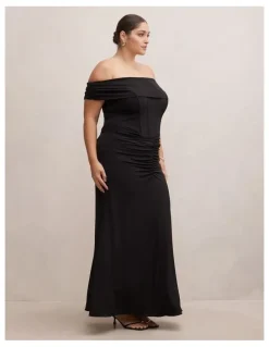 Forever New Curve Ania Ruched Bardot Maxi Dress in Black