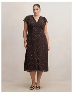 Forever New Curve Ardelia Flutter Sleeves Midi Dress in Brown