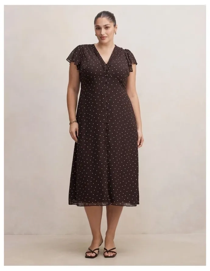Forever New Curve Ardelia Flutter Sleeves Midi Dress in Brown