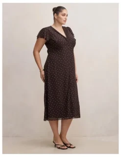 Forever New Curve Ardelia Flutter Sleeves Midi Dress in Brown