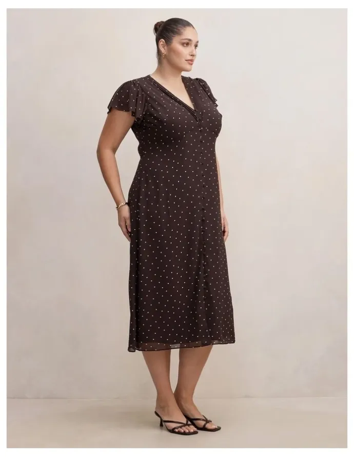 Forever New Curve Ardelia Flutter Sleeves Midi Dress in Brown