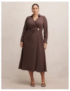 Forever New Curve Francesca Shirt Midi Dress in Brown