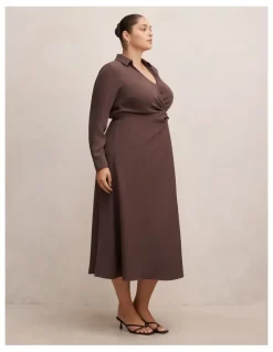 Forever New Curve Francesca Shirt Midi Dress in Brown