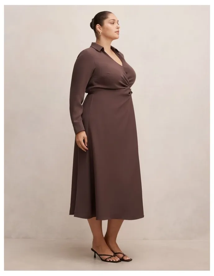 Forever New Curve Francesca Shirt Midi Dress in Brown