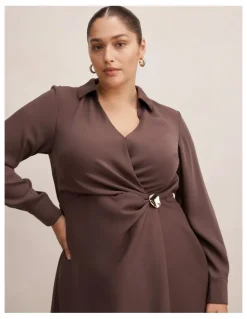 Forever New Curve Francesca Shirt Midi Dress in Brown