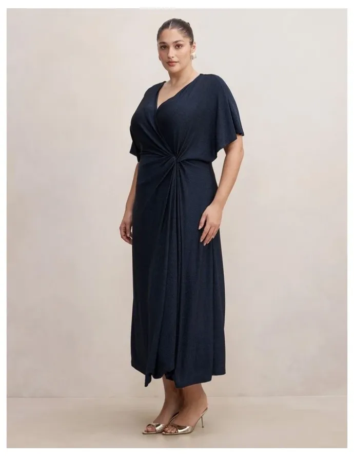 Forever New Curve Laura Draped Metallic Dress in Navy