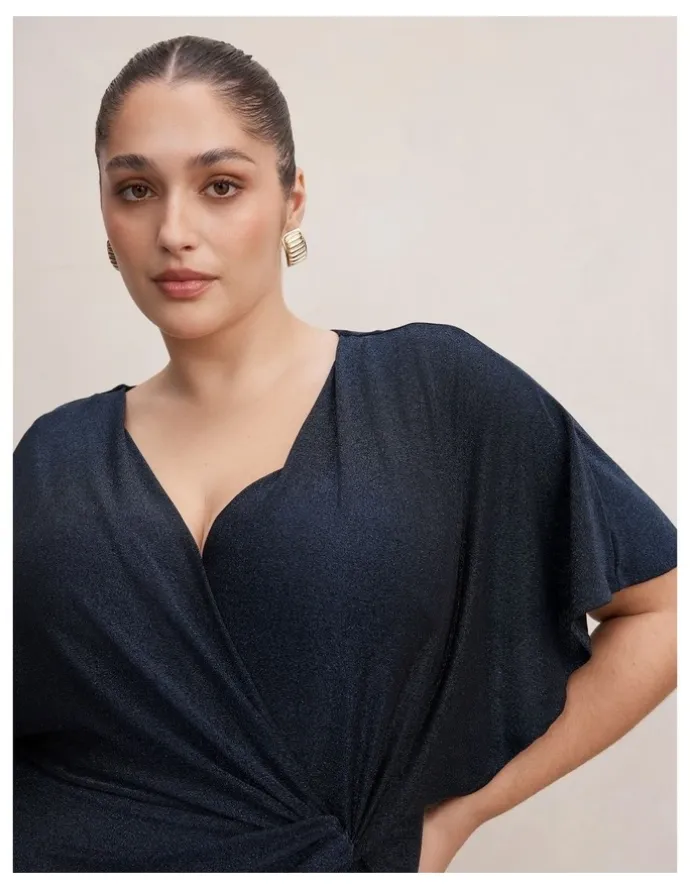Forever New Curve Laura Draped Metallic Dress in Navy