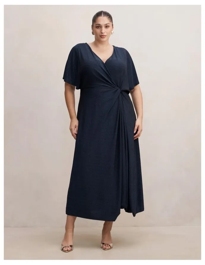 Forever New Curve Laura Draped Metallic Dress in Navy