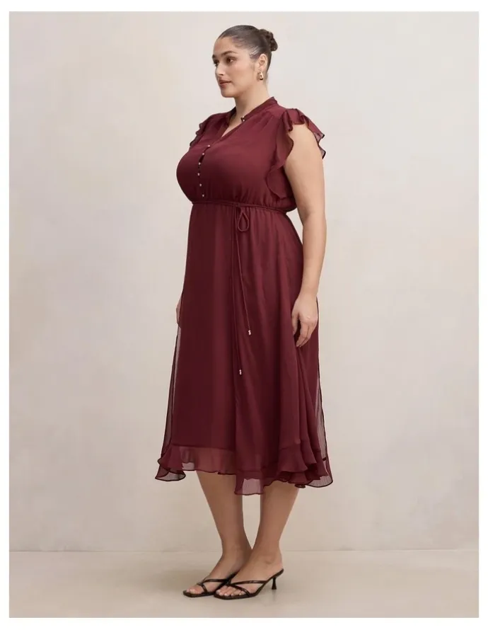 Forever New Curve Maxwell Flutter Sleeves Midi Dress in Purple