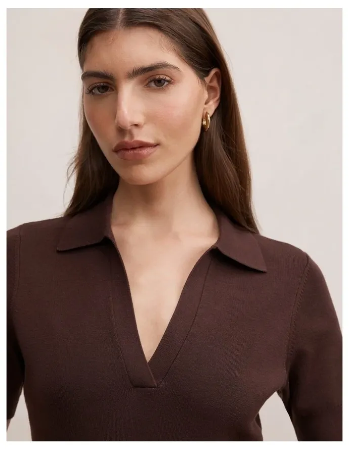 Forever New Darci Polo Collar Knitted Dress in Brown