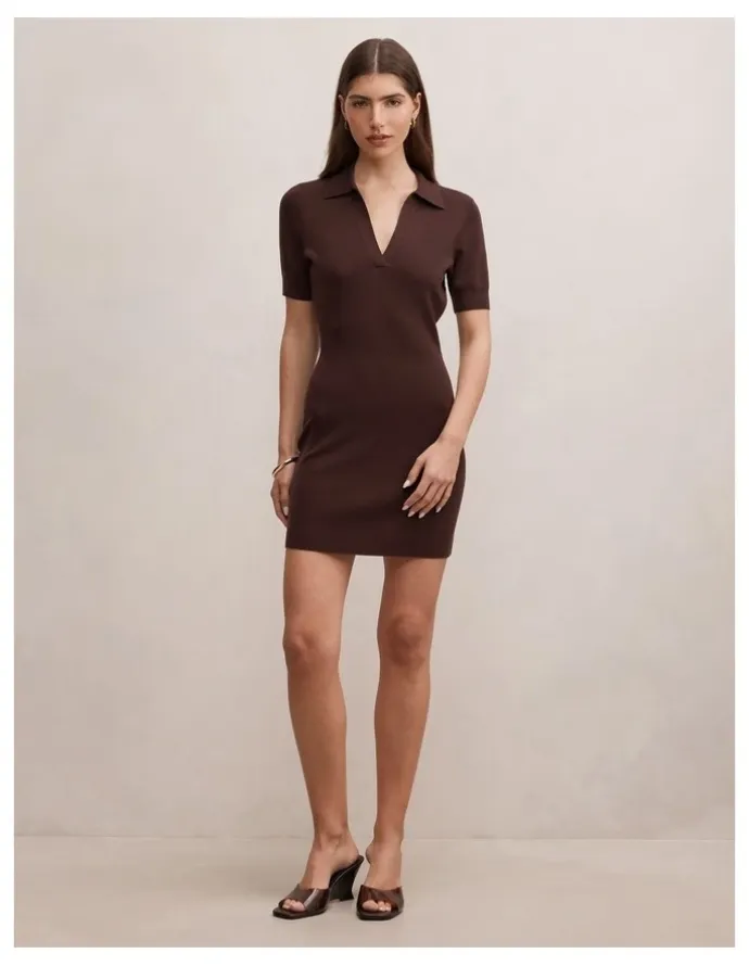 Forever New Darci Polo Collar Knitted Dress in Brown