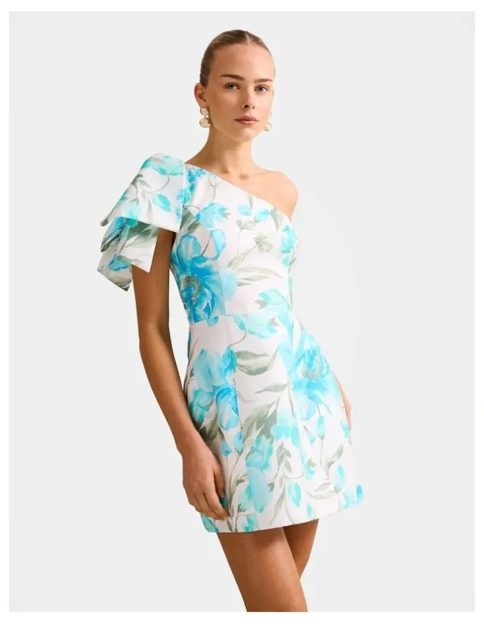 Forever New Darcy One Shoulder Bow Mini Dress in Multi