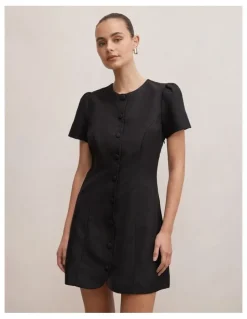 Forever New Elinda Button Up Linen Mini Dress in Black